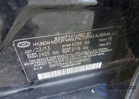 2013 Hyundai Sonata Gls z USA, uszkodzony, nr VIN 5NPEB4AC8DH680853